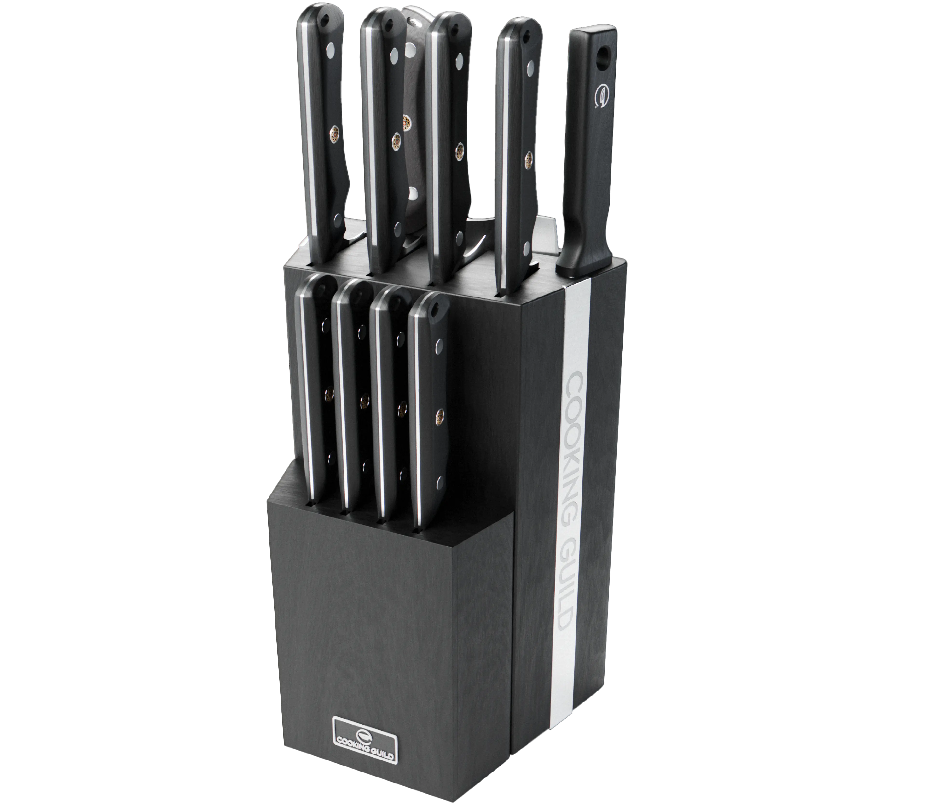 Black knife block set with multiple knives, labeled 'Cooking Guild.'