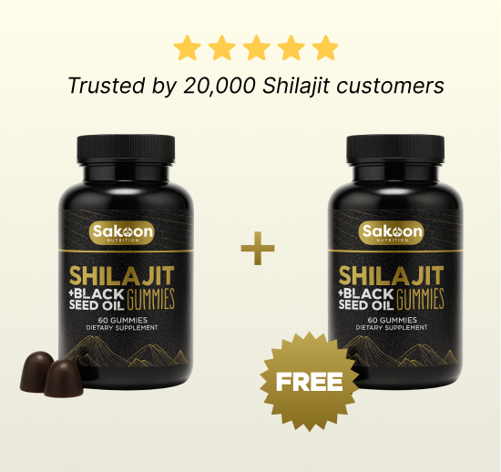 Two bottles of Shilajit gummies with a free offer and customer trust message.