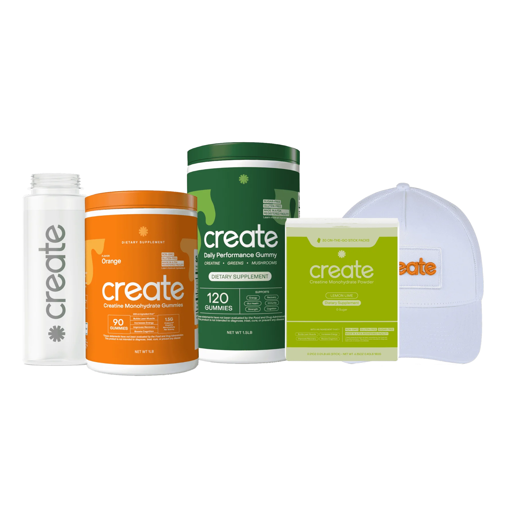 Assorted dietary supplement containers and a white cap with 'create' branding.