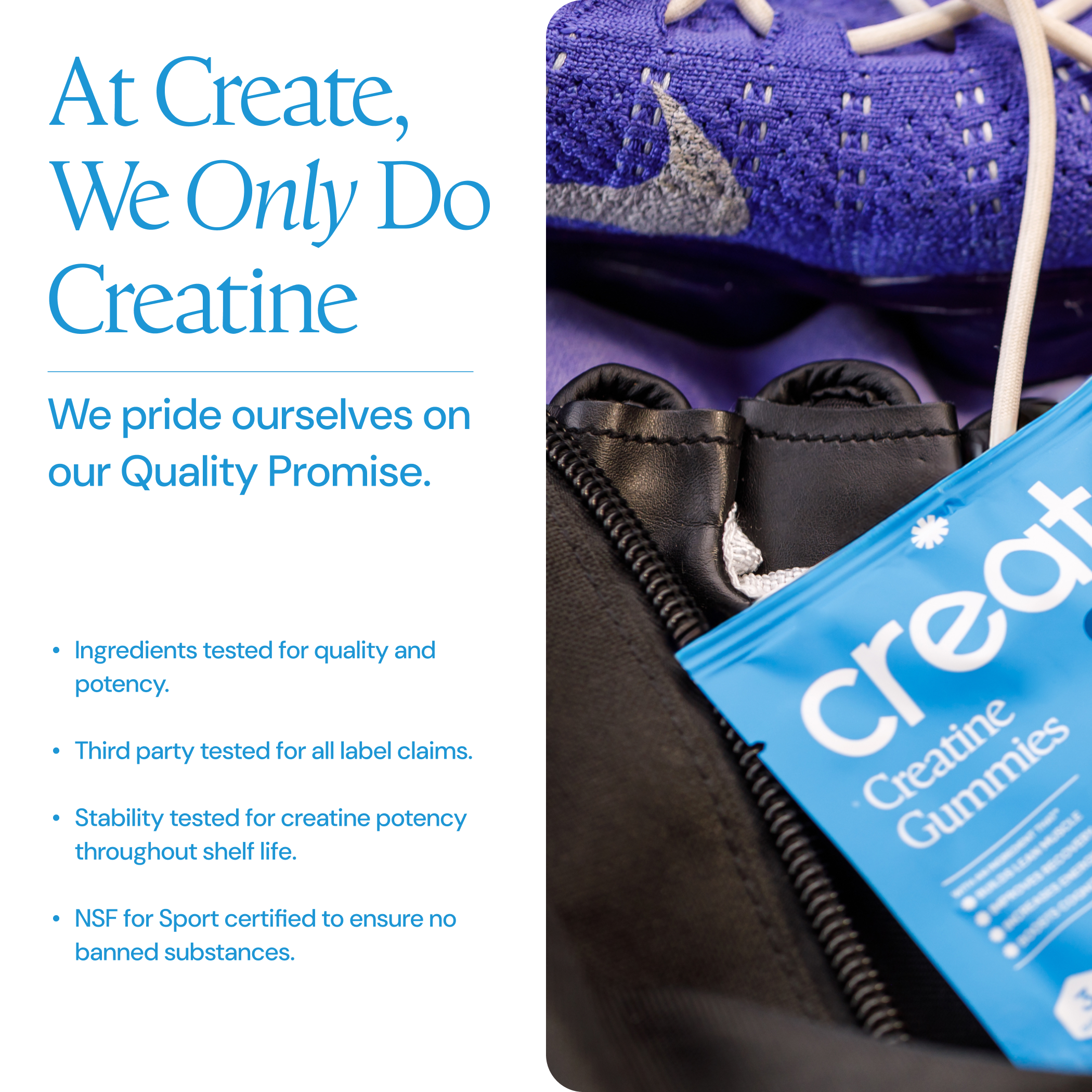 Text about creatine quality next to a photo of creatine gummies and a sneaker in a gym bag.