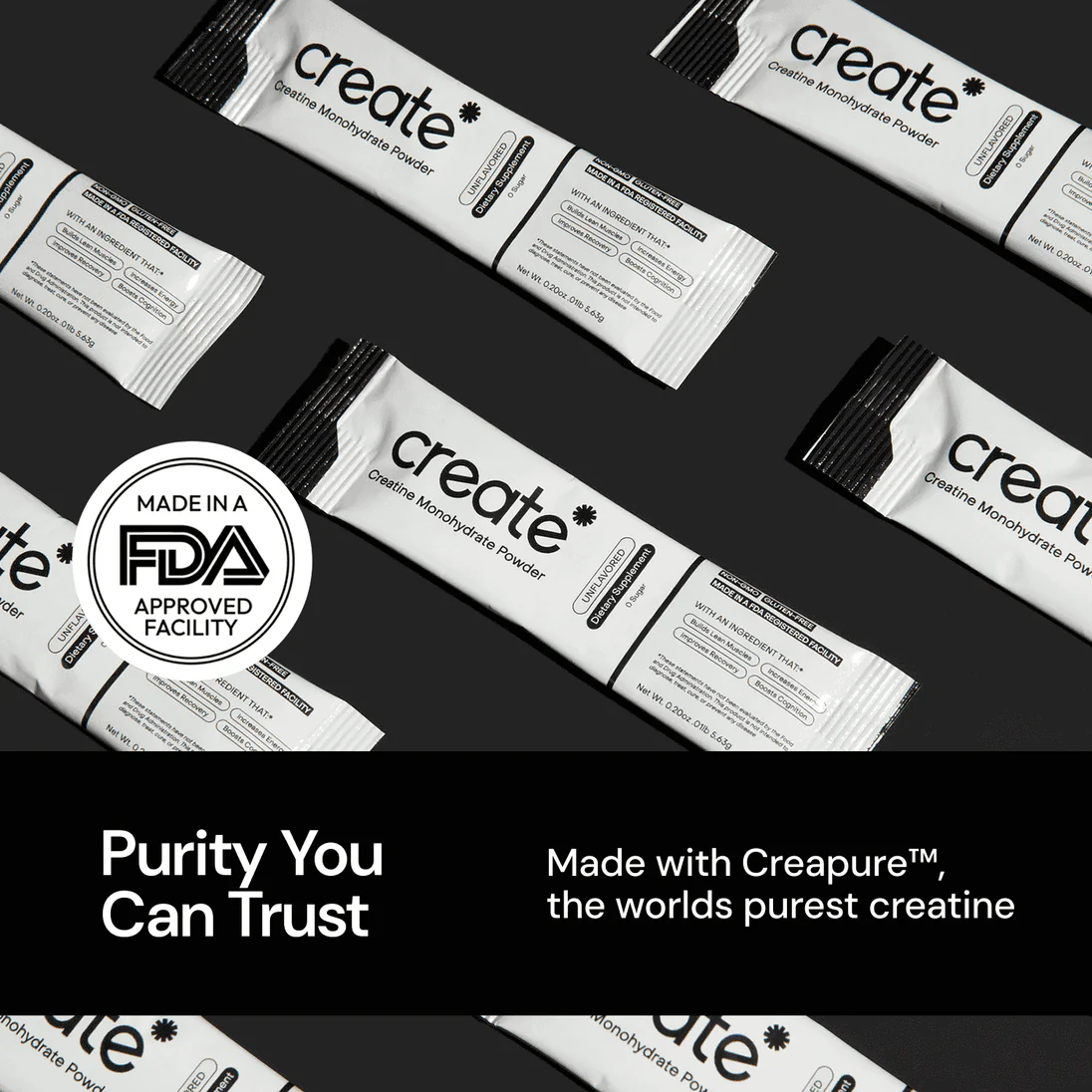 Packets of creatine monohydrate powder with FDA approval seal and purity assurance text.