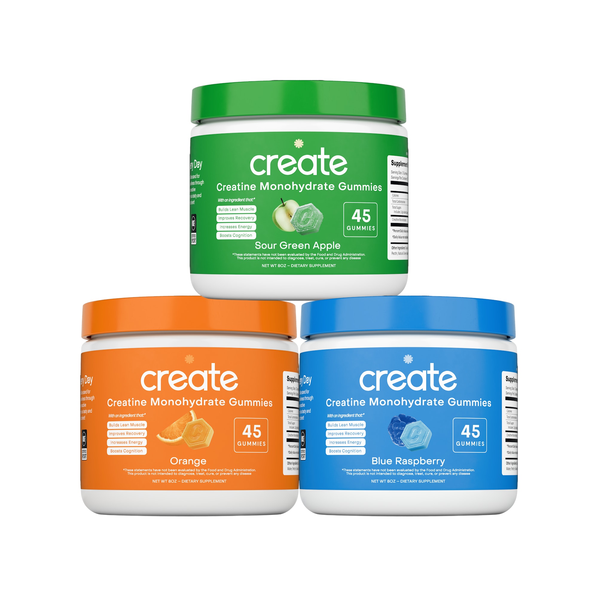 Three jars of creatine monohydrate gummies in green, orange, and blue flavors.