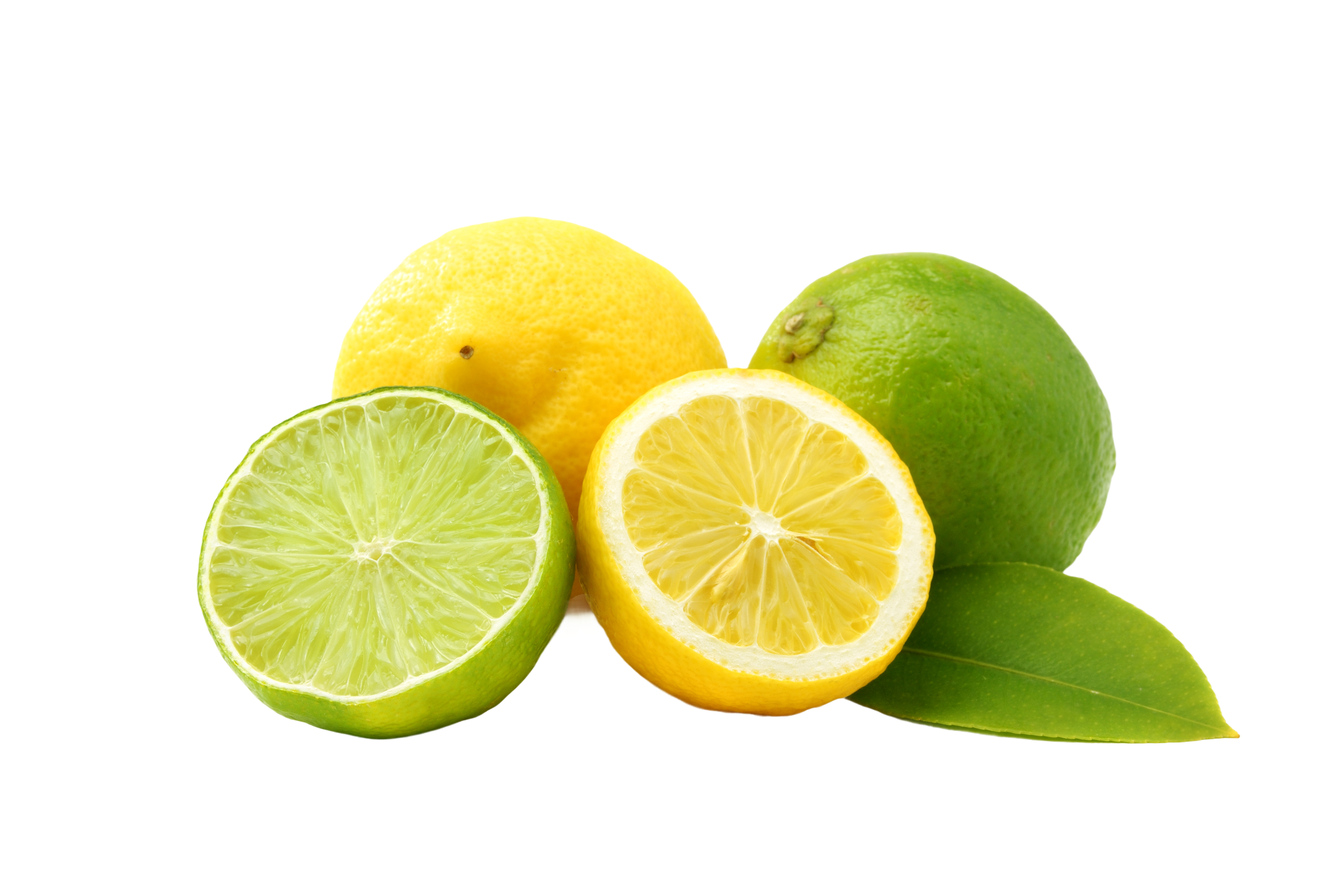 Sliced lemon and lime with whole fruits and leaves.