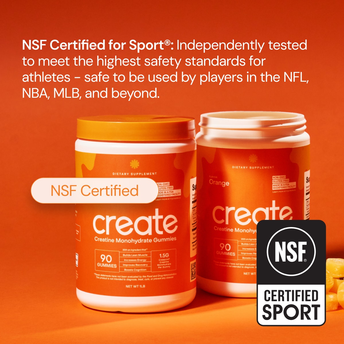 Two orange containers of creatine gummies with NSF Certified label.