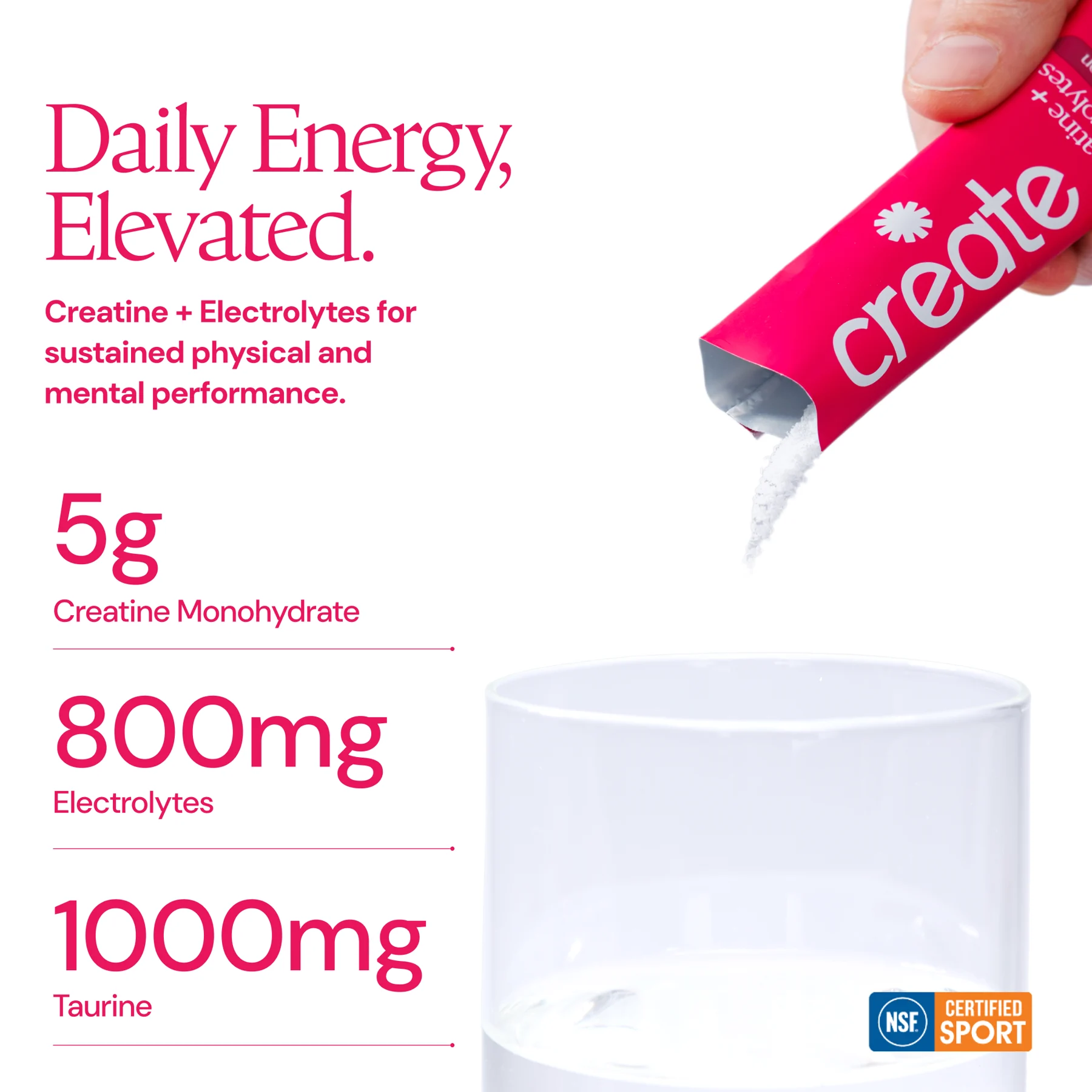 A hand pours Create creatine and electrolyte powder from a pink packet into a glass of water.