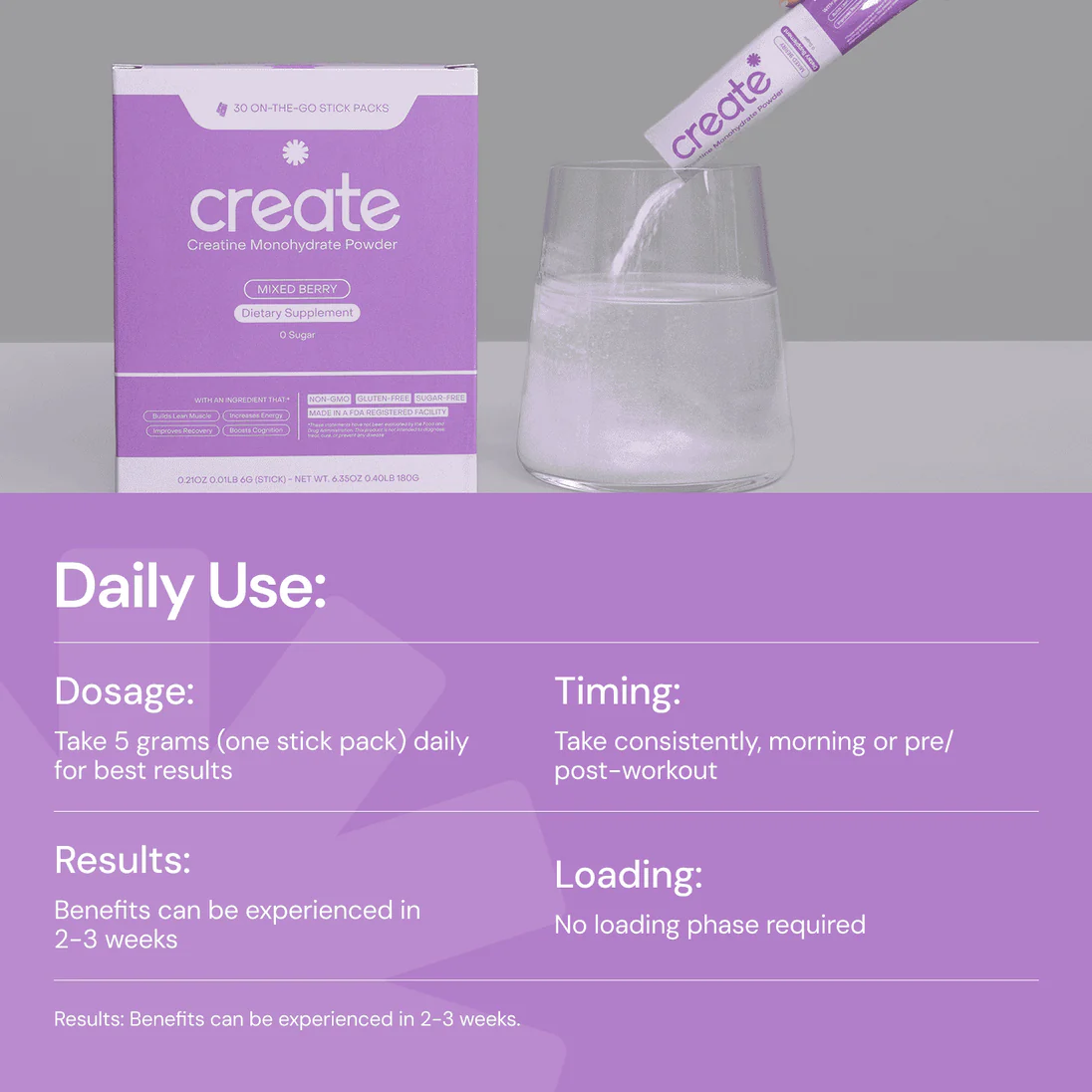 Purple creatine supplement box with stick pack pouring into a glass.
