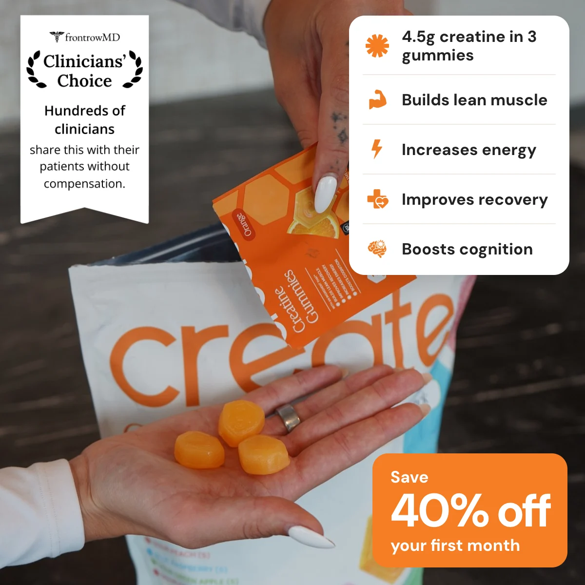 Create Variety pouch and an Orange pack with gummies: 4.5g creatine in 3 gummies, builds lean muscle, increases energy, boosts cognition, NSF Certified for Sport. Clinicians’ Choice. Save 40% off your first month