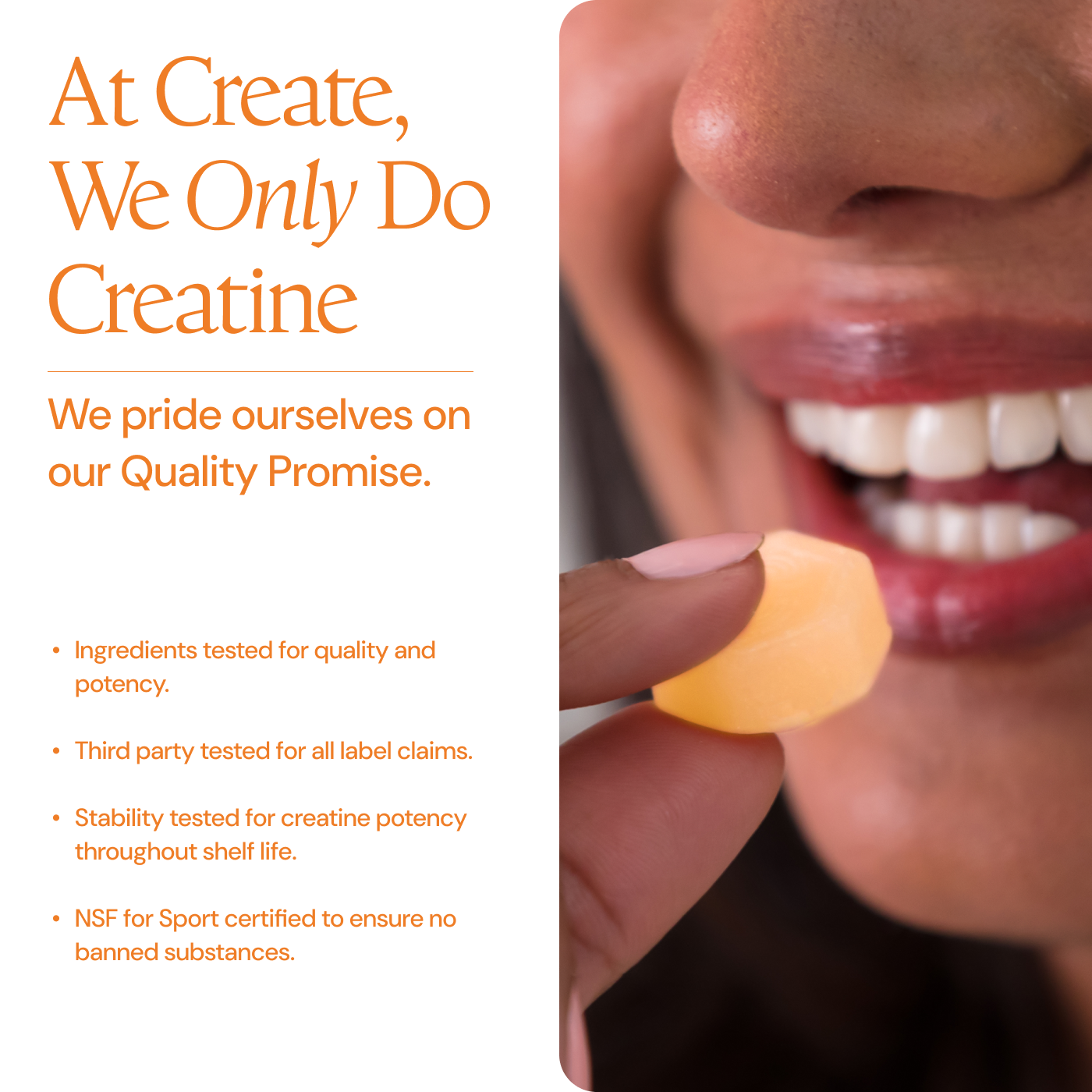 A person holds an orange creatine gummy to their mouth next to a list of quality promises.