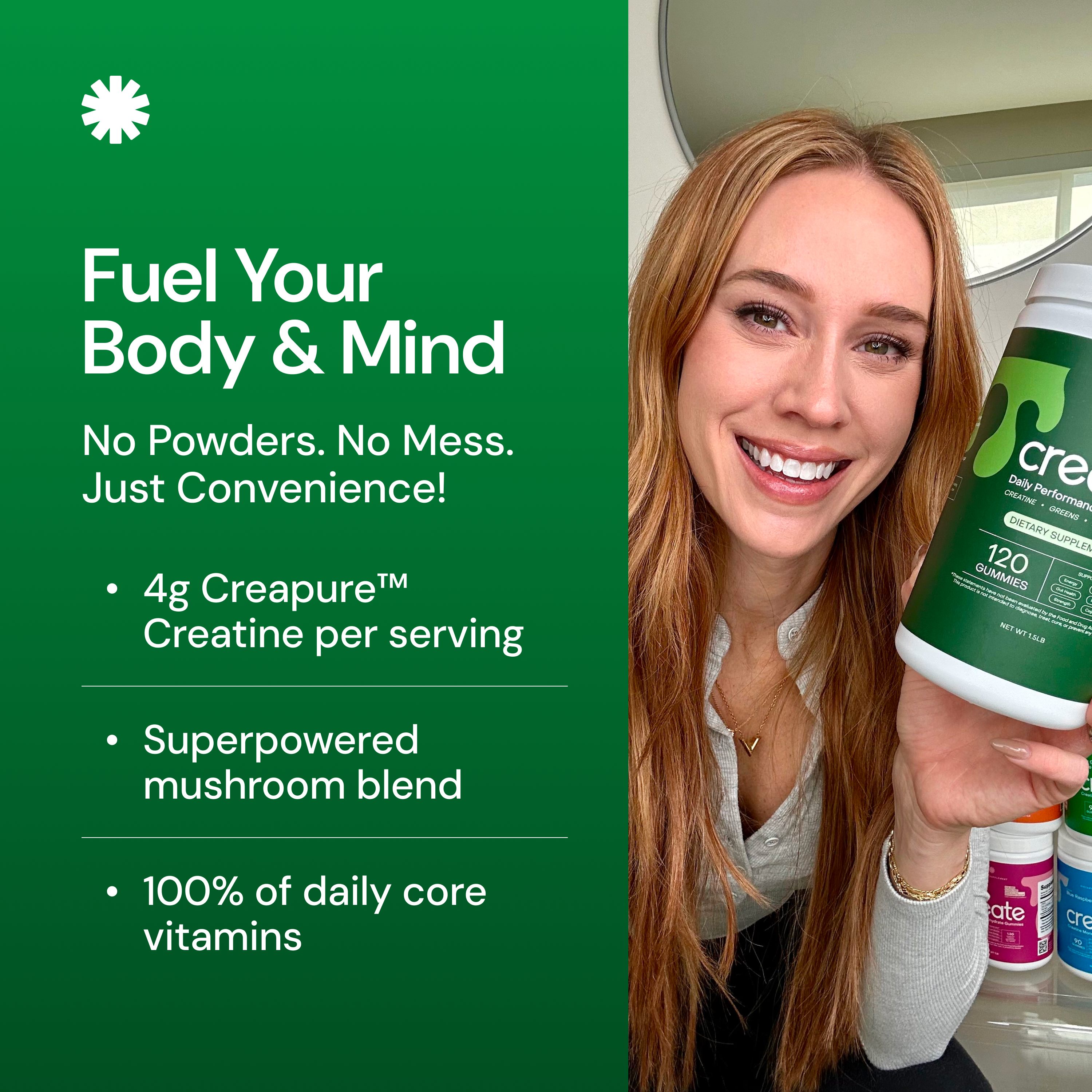 Smiling woman holding a container of dietary supplements, with product benefits listed beside her.