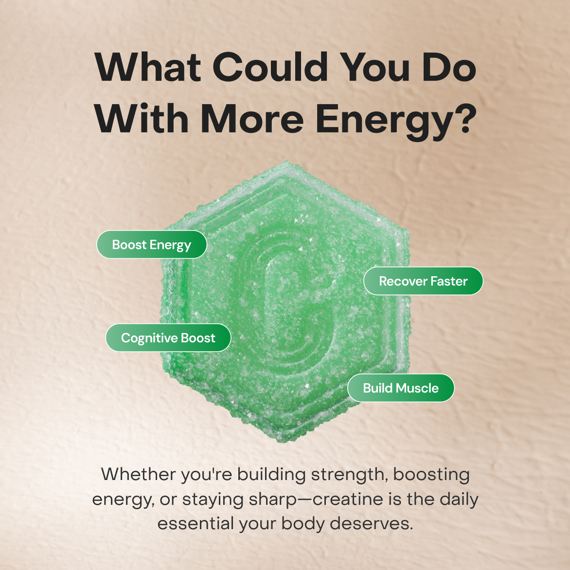 Green hexagonal object with text: Boost Energy, Cognitive Boost, Recover Faster, Build Muscle.