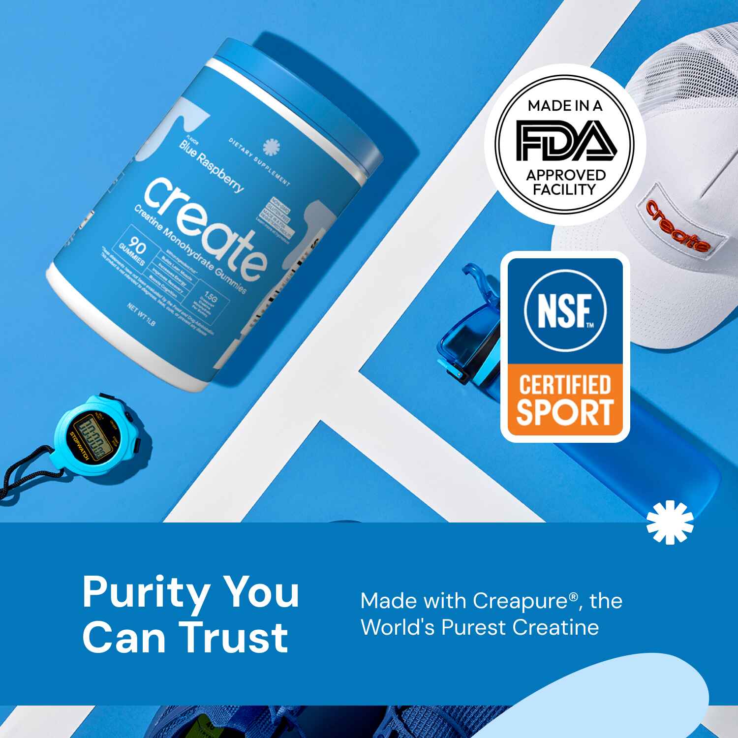 Creatine supplement, stopwatch, water bottle, cap, and certification logos on a blue background.