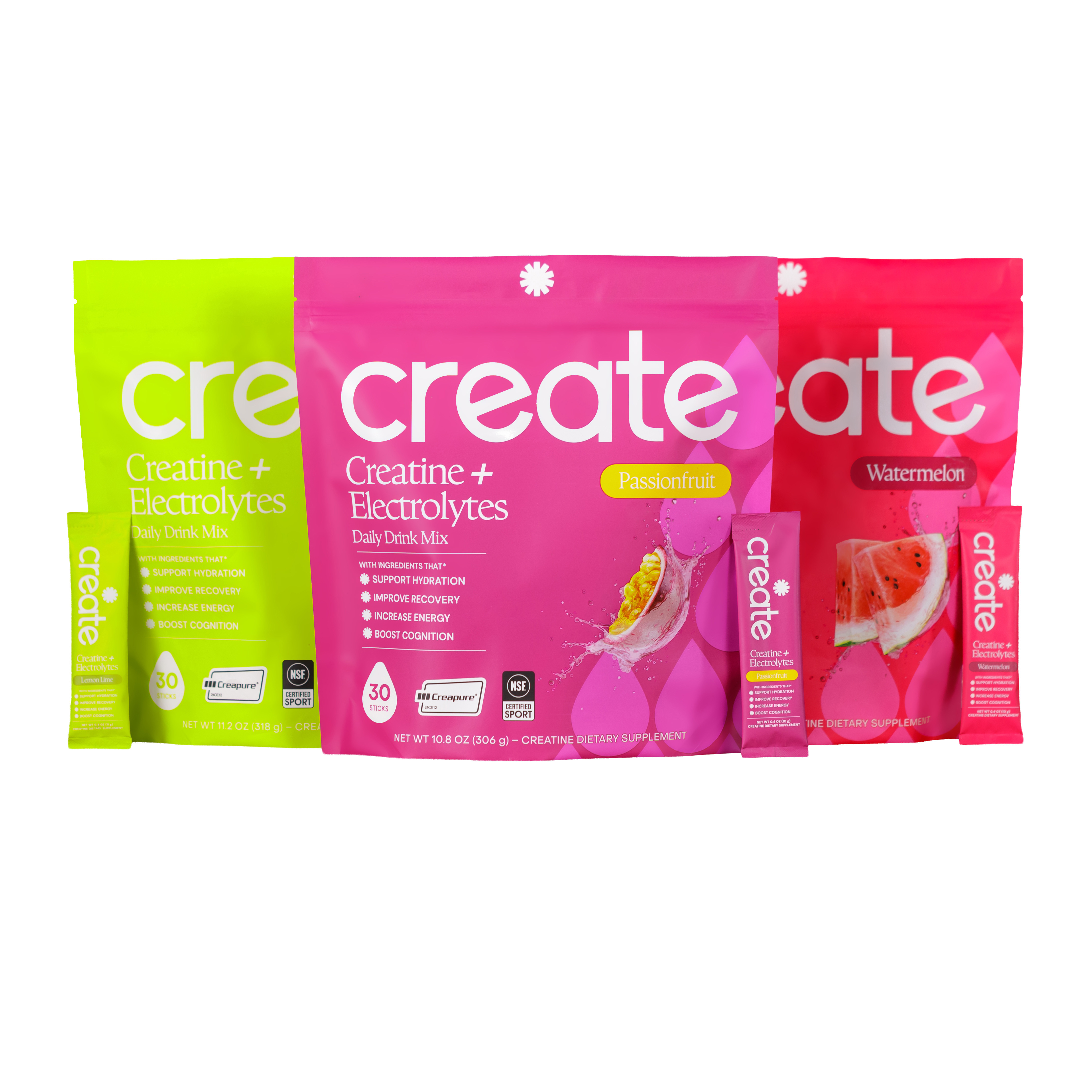 Three brightly colored pouches and single-serving sticks of Create Creatine + Electrolytes daily drink mix against a white background.