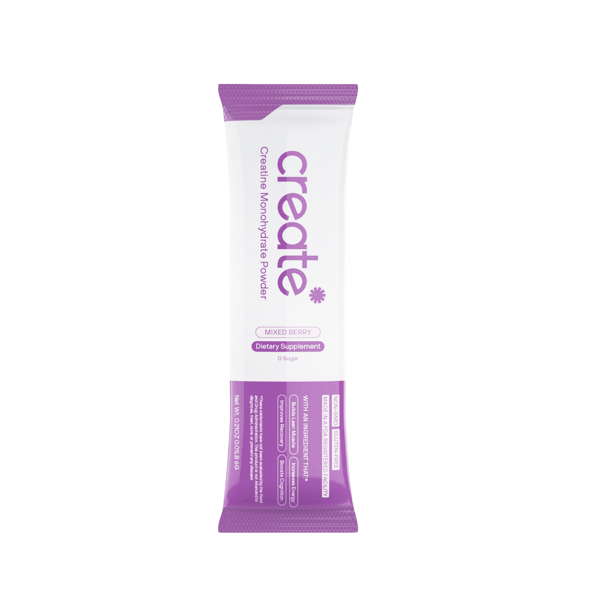 Purple and white creatine monohydrate powder packet labeled 'create'.