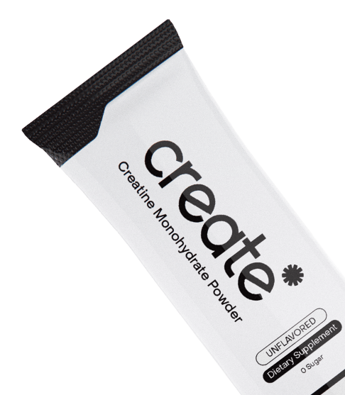 White packet labeled 'create' with creatine monohydrate powder.