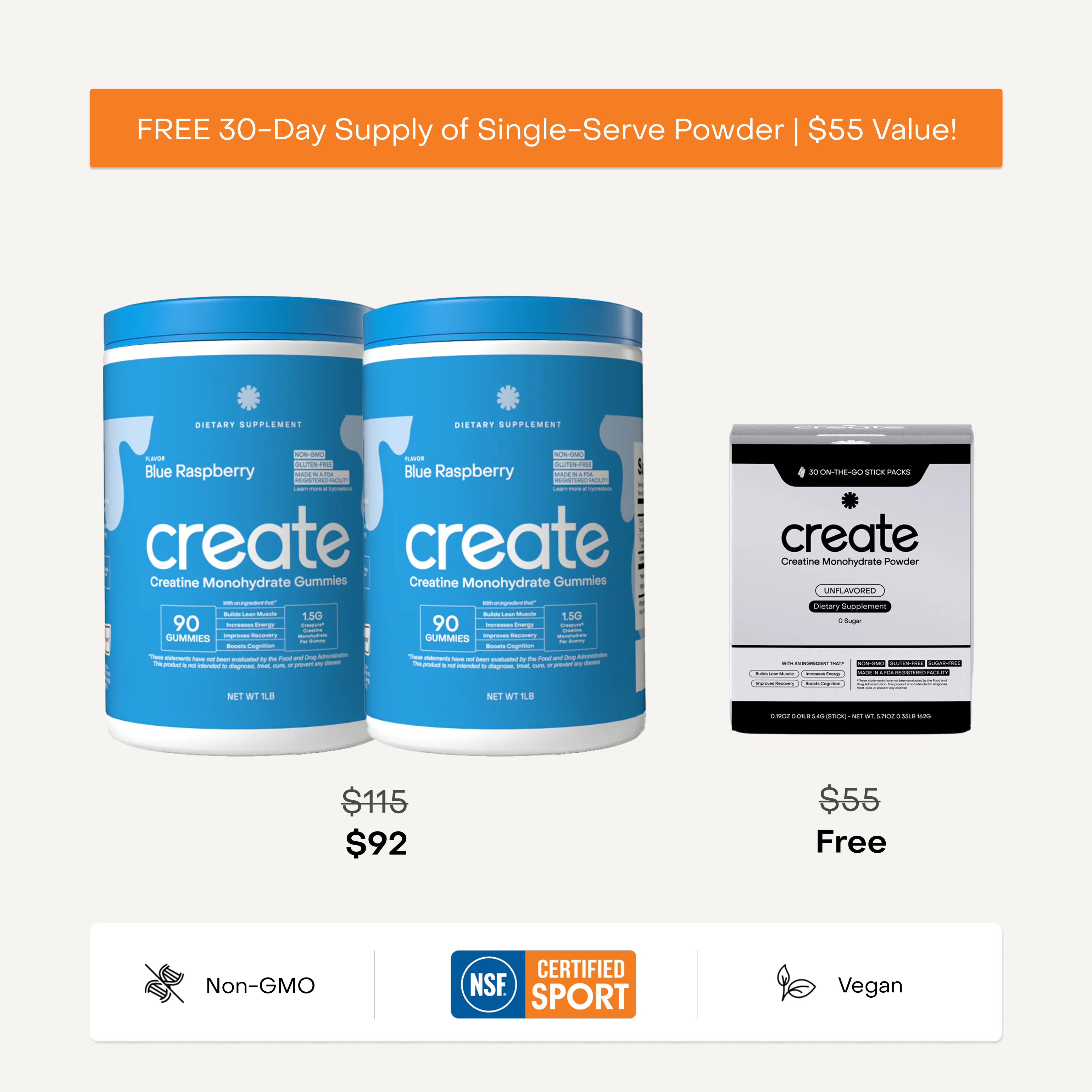 Two blue containers and one box of creatine supplements with pricing and offer details.