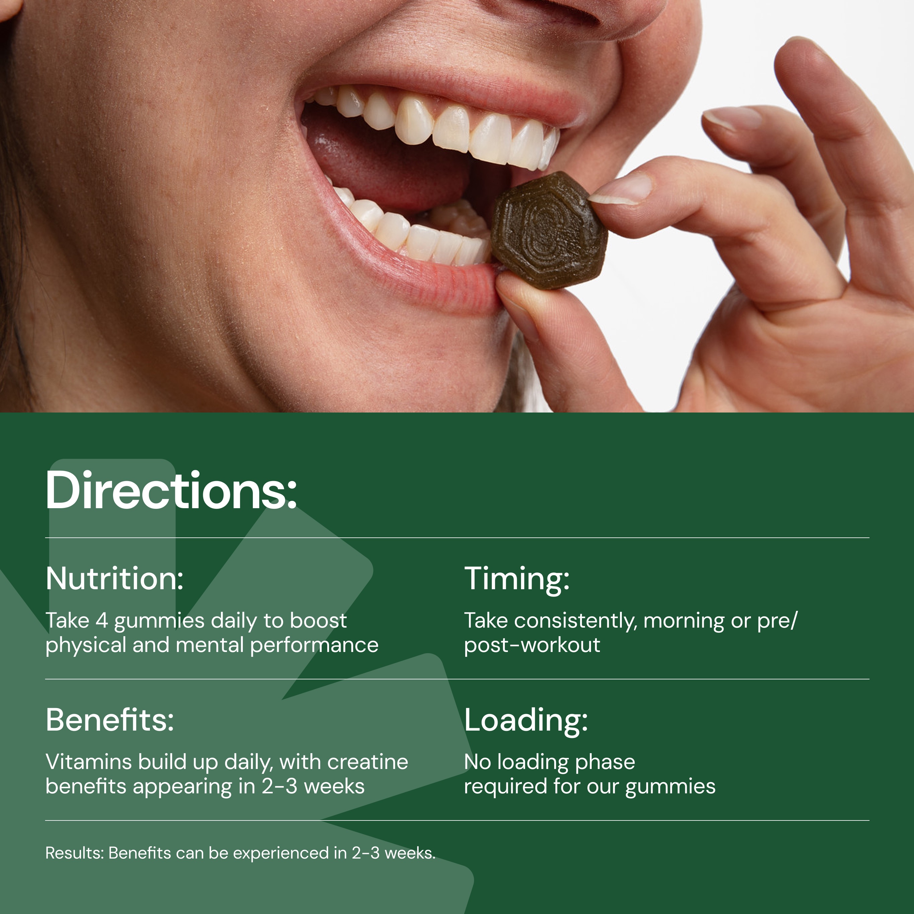 Person about to eat a hexagonal gummy with directions text below.