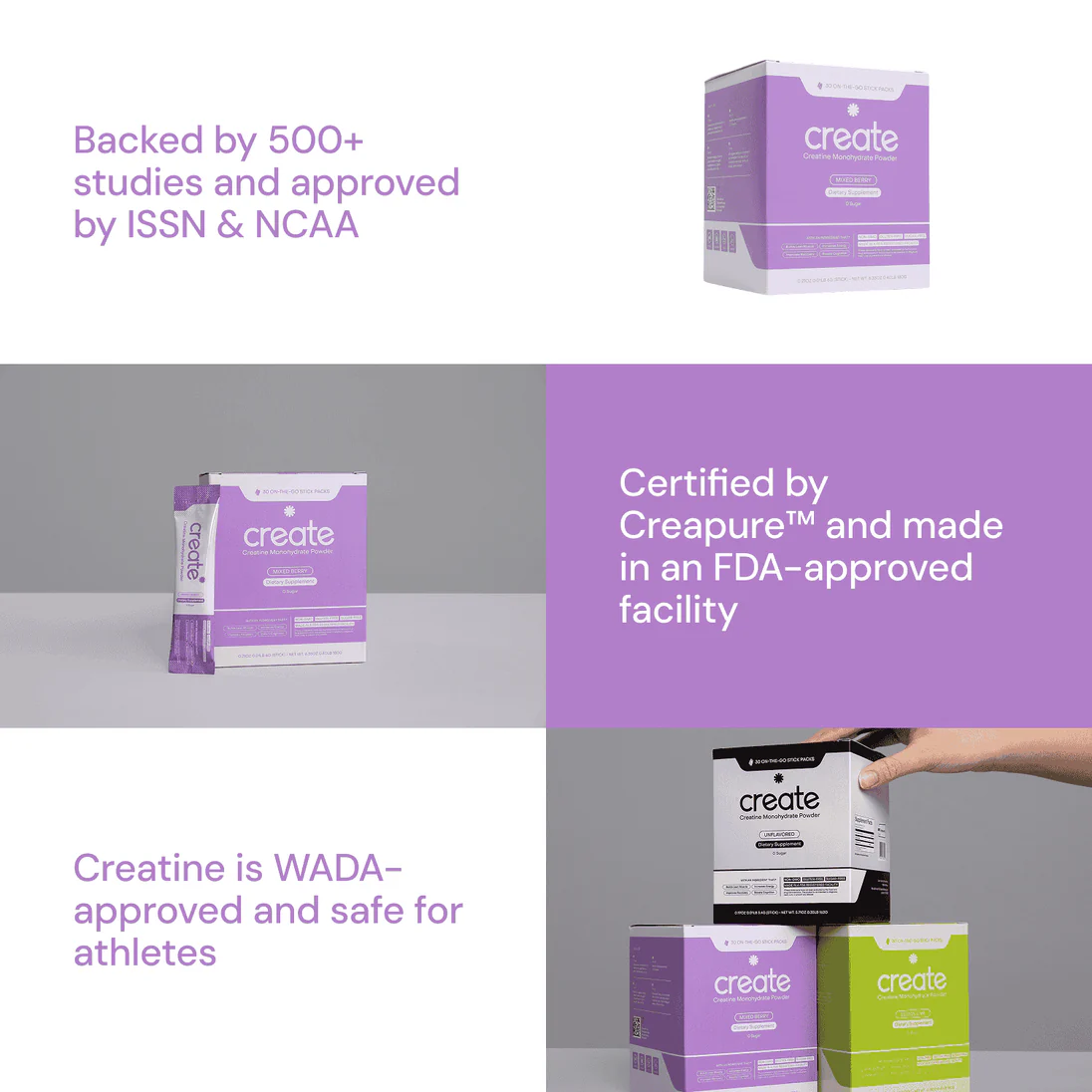 Collage of creatine supplement boxes with text about certifications and approvals.