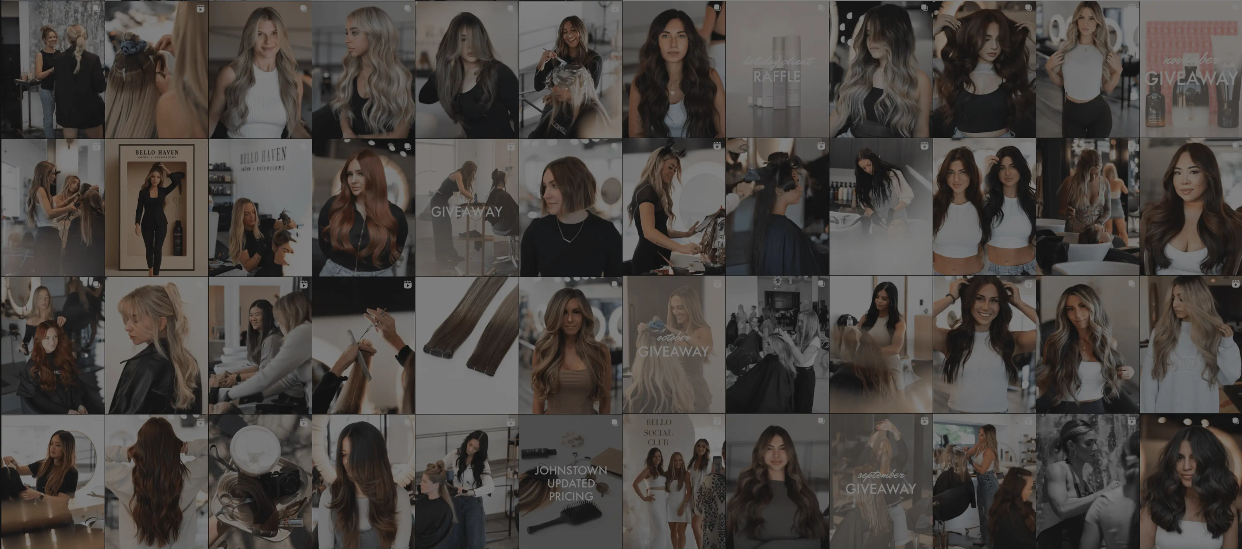 Grid of Instagram photos featuring clients and stylists showcasing Bello Haven hair extensions
