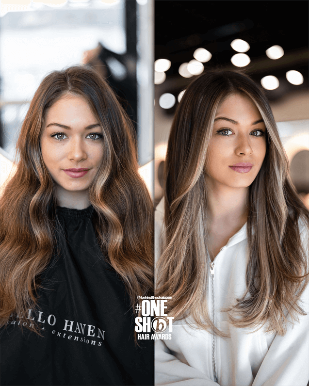 Before and after hairstyling transformation with long, wavy hair turned sleek and straight.