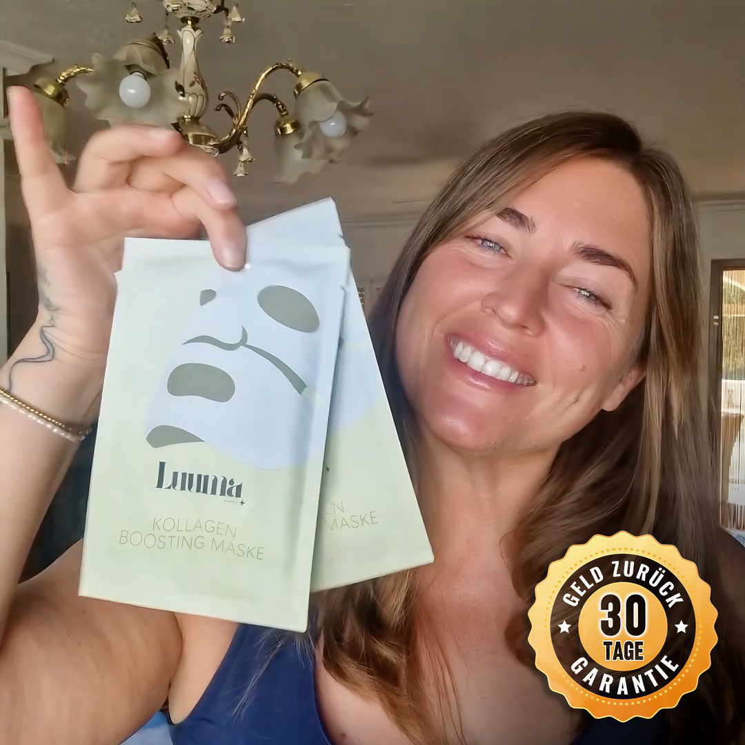 Woman smiling, holding two face mask packets, with '30 Day Money Back Guarantee' badge.