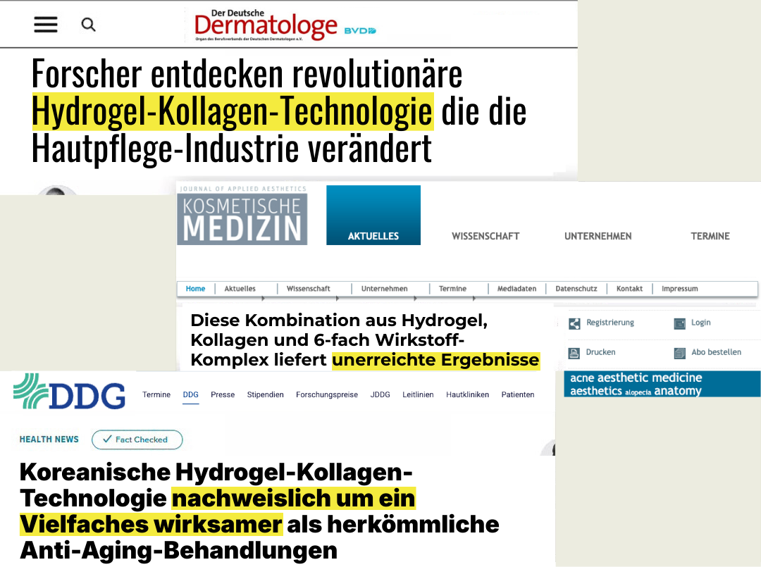 A collage of screenshots from German medical publications discussing hydrogel-collagen technology for skincare.