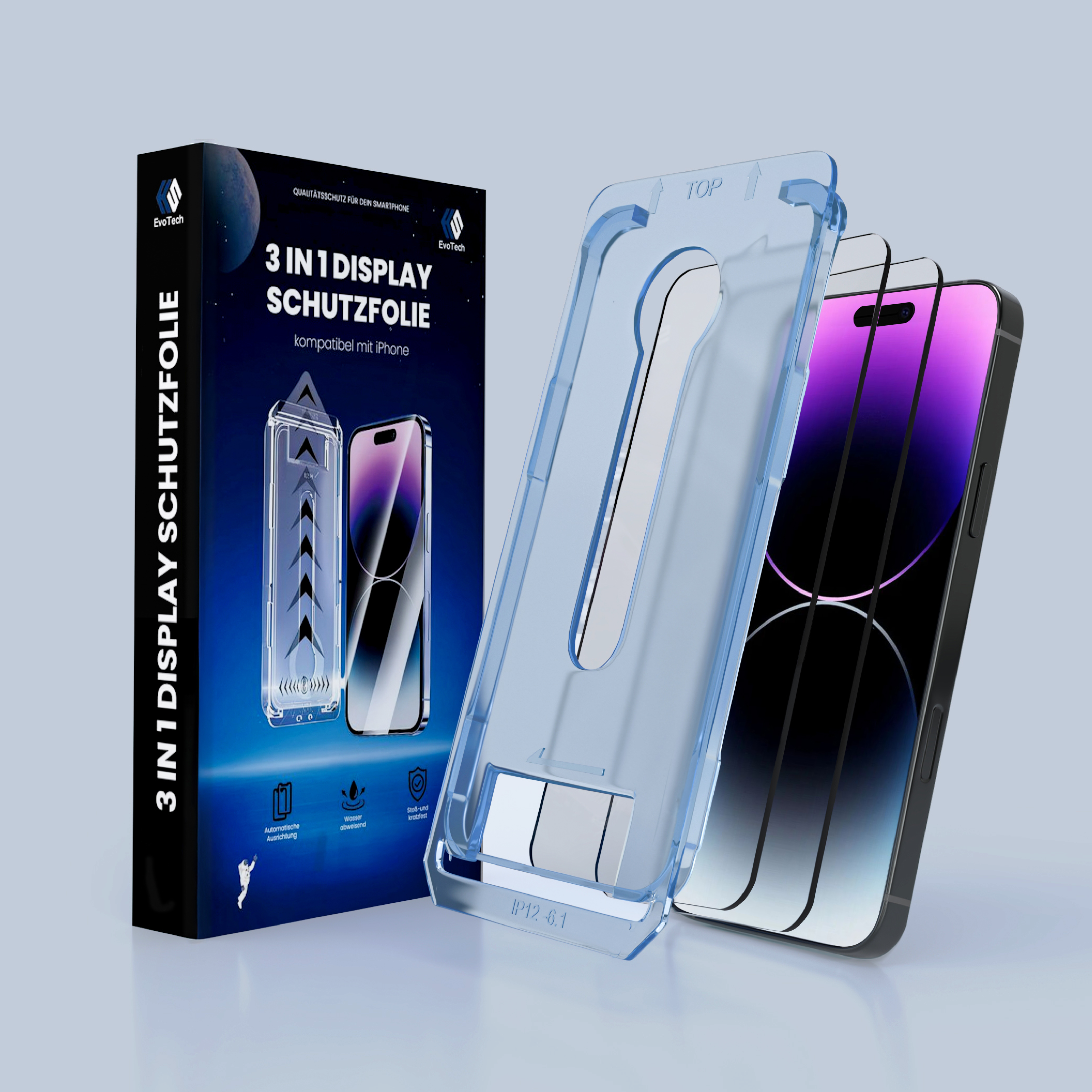 Phone screen protector packaging with a blue applicator and a smartphone.