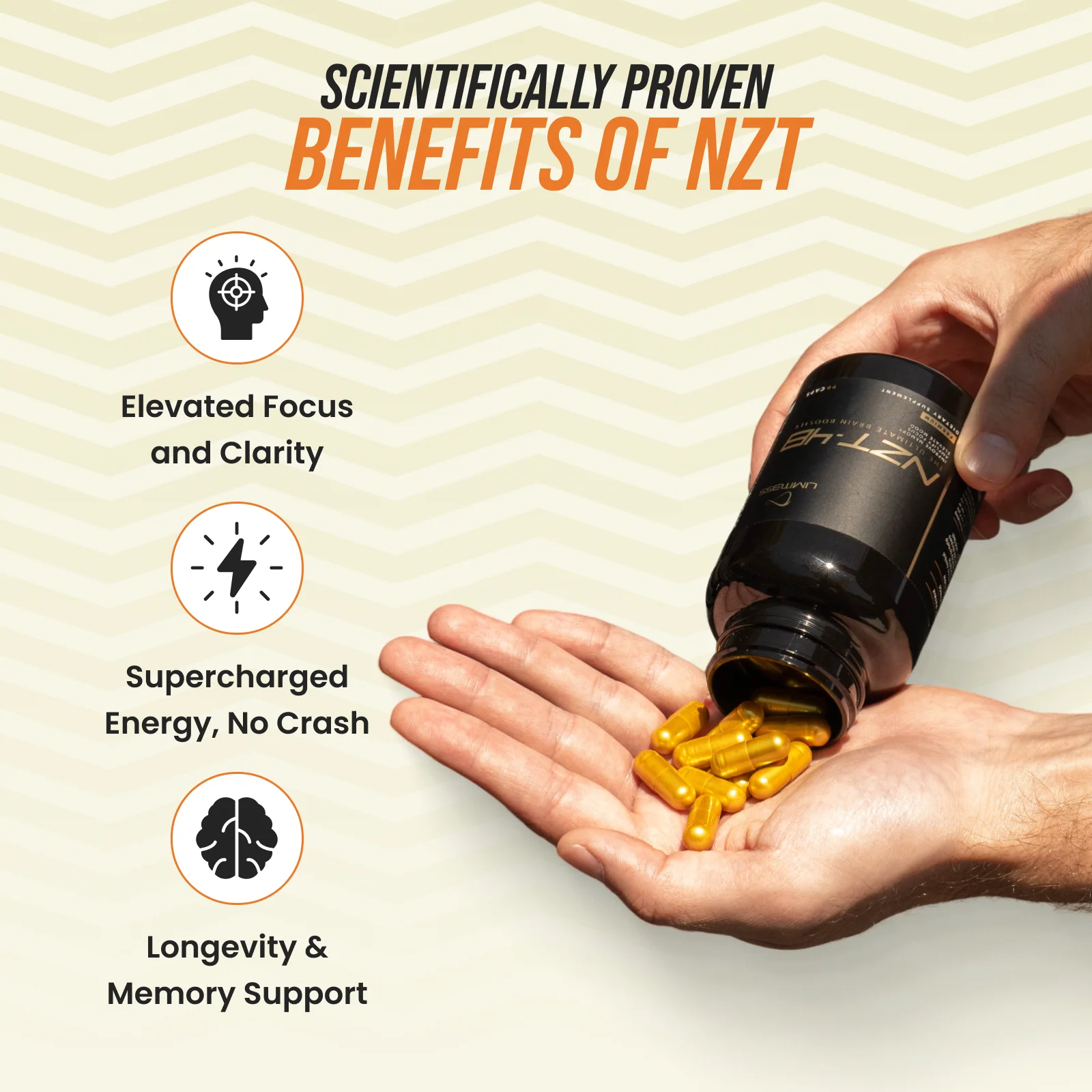 Hand holding yellow capsules from a black bottle labeled NZT, with benefits listed.