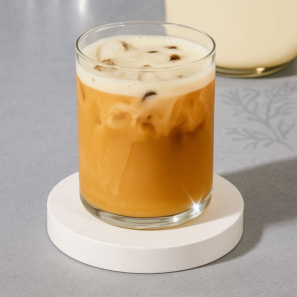 Glass of iced coffee with foam on a white coaster.