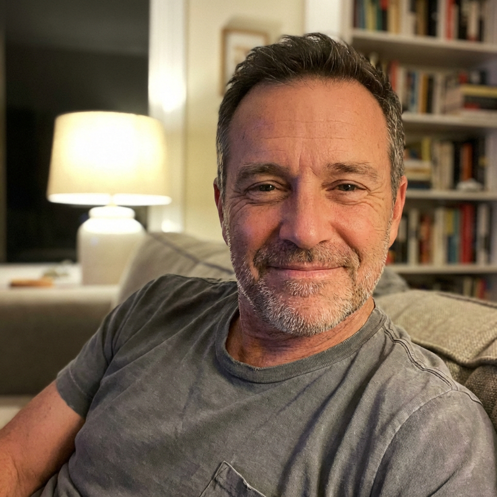 A smiling, middle-aged man with a goatee in a grey t-shirt, sitting on a couch indoors.
