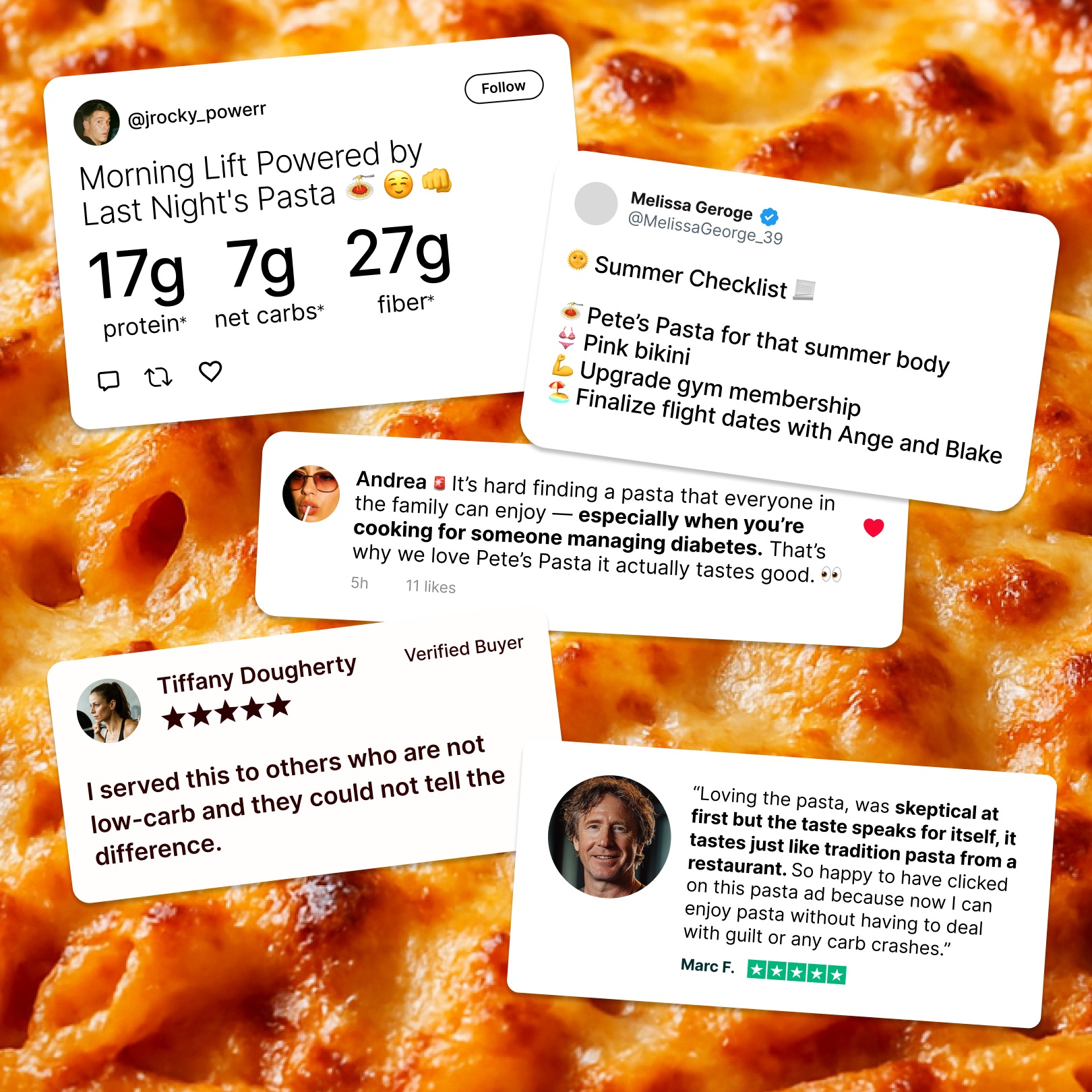 Collage of tweets and reviews over a close-up image of cheesy pasta.