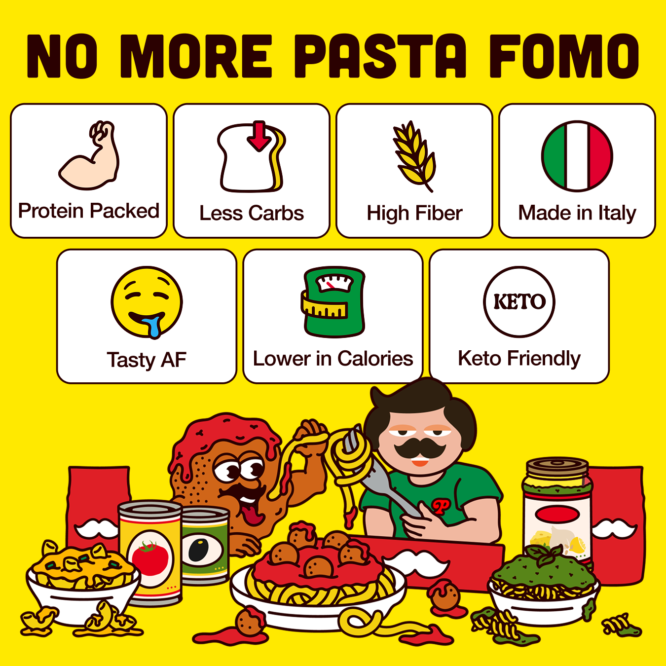 A colorful cartoon ad with icons listing pasta benefits above characters eating pasta dishes.