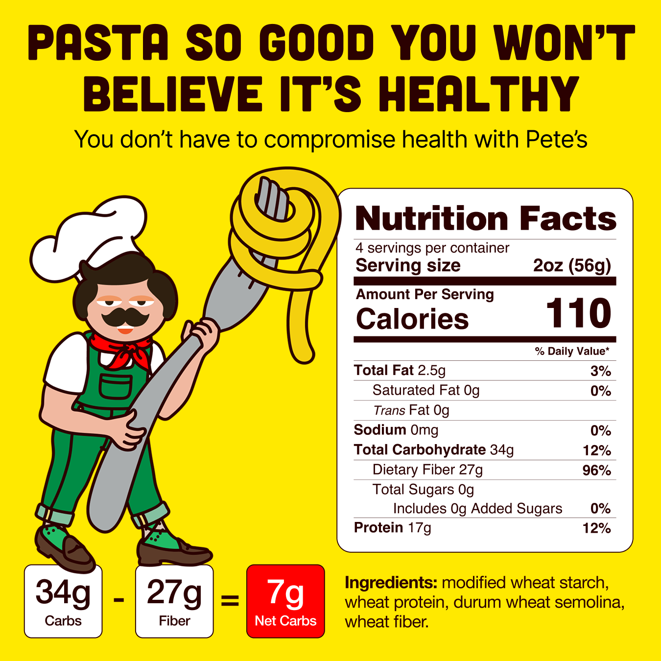 A cartoon chef holds pasta next to a nutrition facts label on a yellow background.