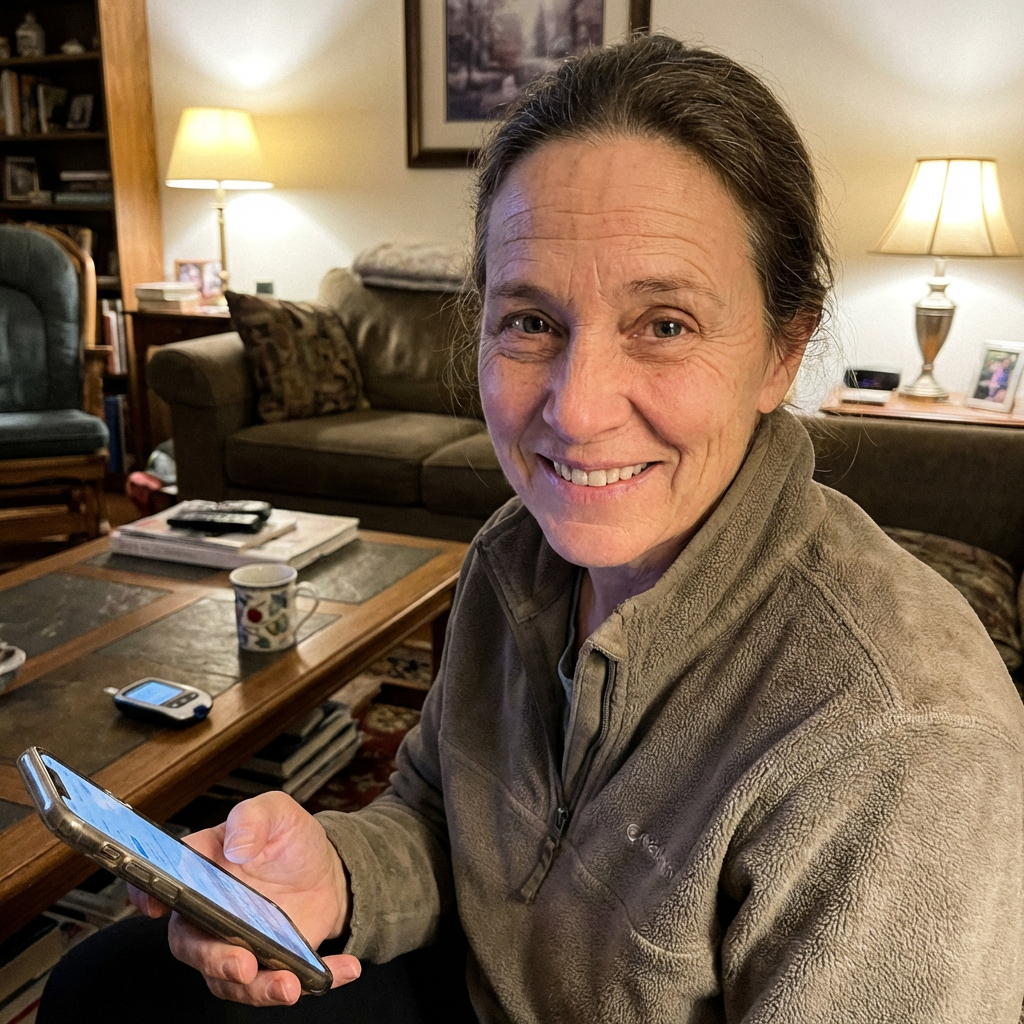 A smiling woman in a fleece pullover holds a smartphone while sitting in a living room.
