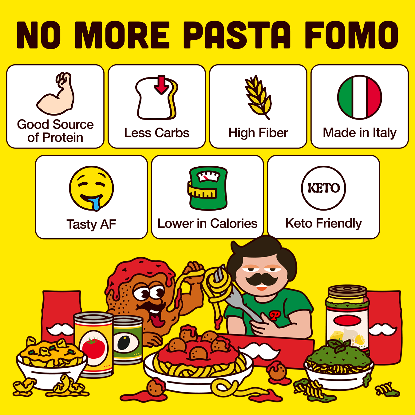 A colorful cartoon infographic listing the benefits of a pasta product, with icons and characters eating pasta.