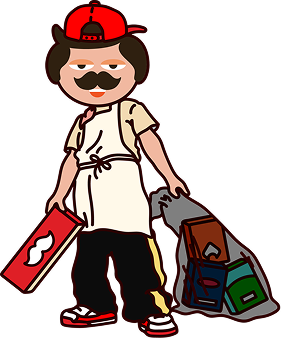 Cartoon figure with mustache, red hat, apron, holding a bag and a box with a mustache logo.