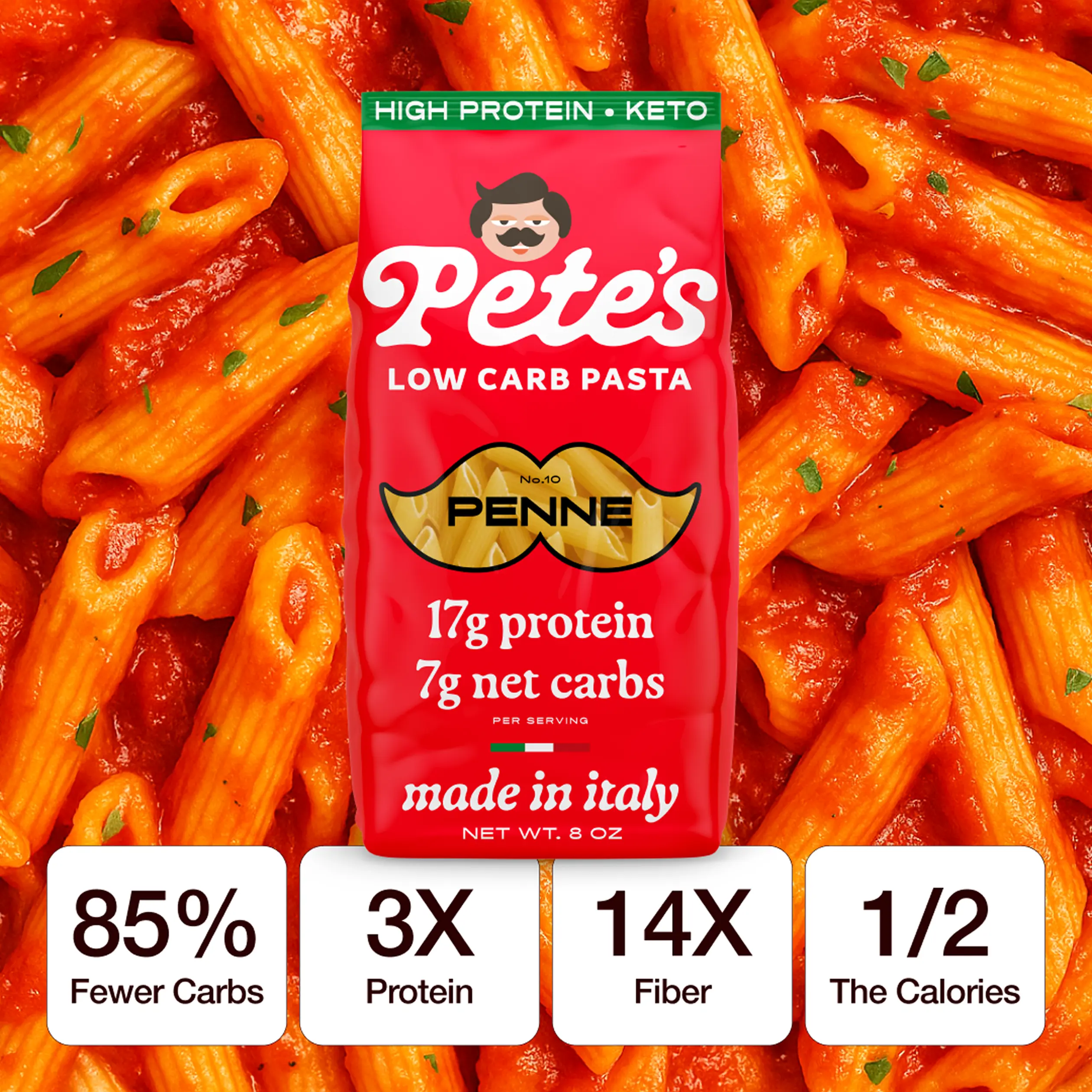 Package of Pete's low carb penne pasta on cooked penne background.