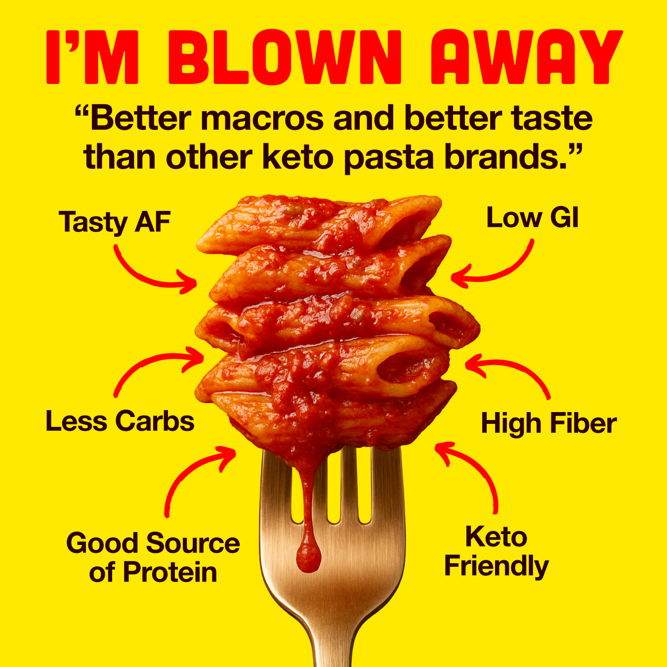 An advertisement for keto pasta, showing a fork of penne with sauce and text highlighting its benefits.