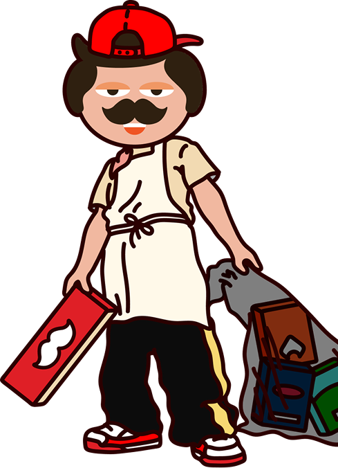 Cartoon figure with mustache, red hat, apron, holding a bag and a box with a mustache logo.