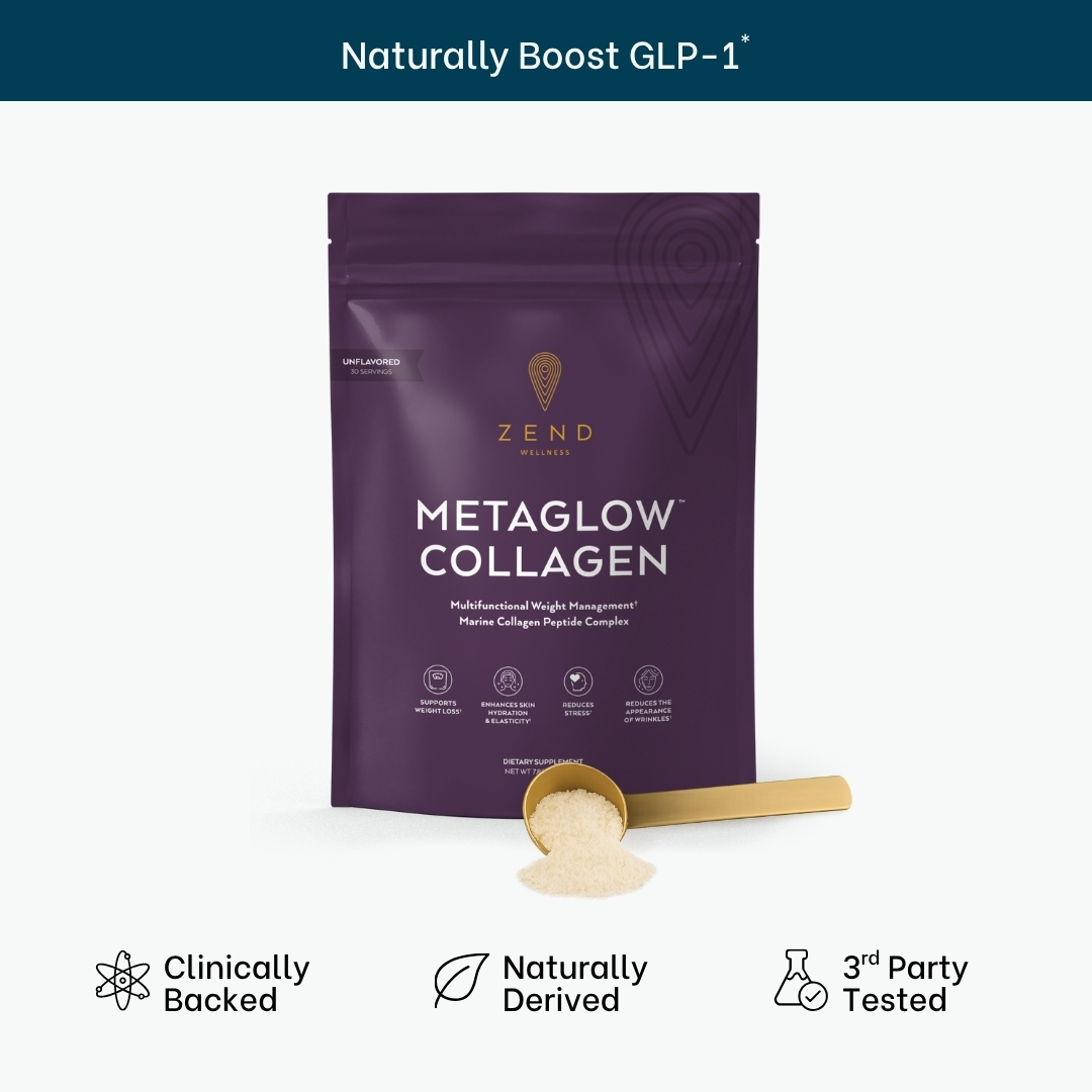 Purple collagen supplement bag with a scoop of powder, labeled 'Metaglow Collagen' by Zend Wellness.