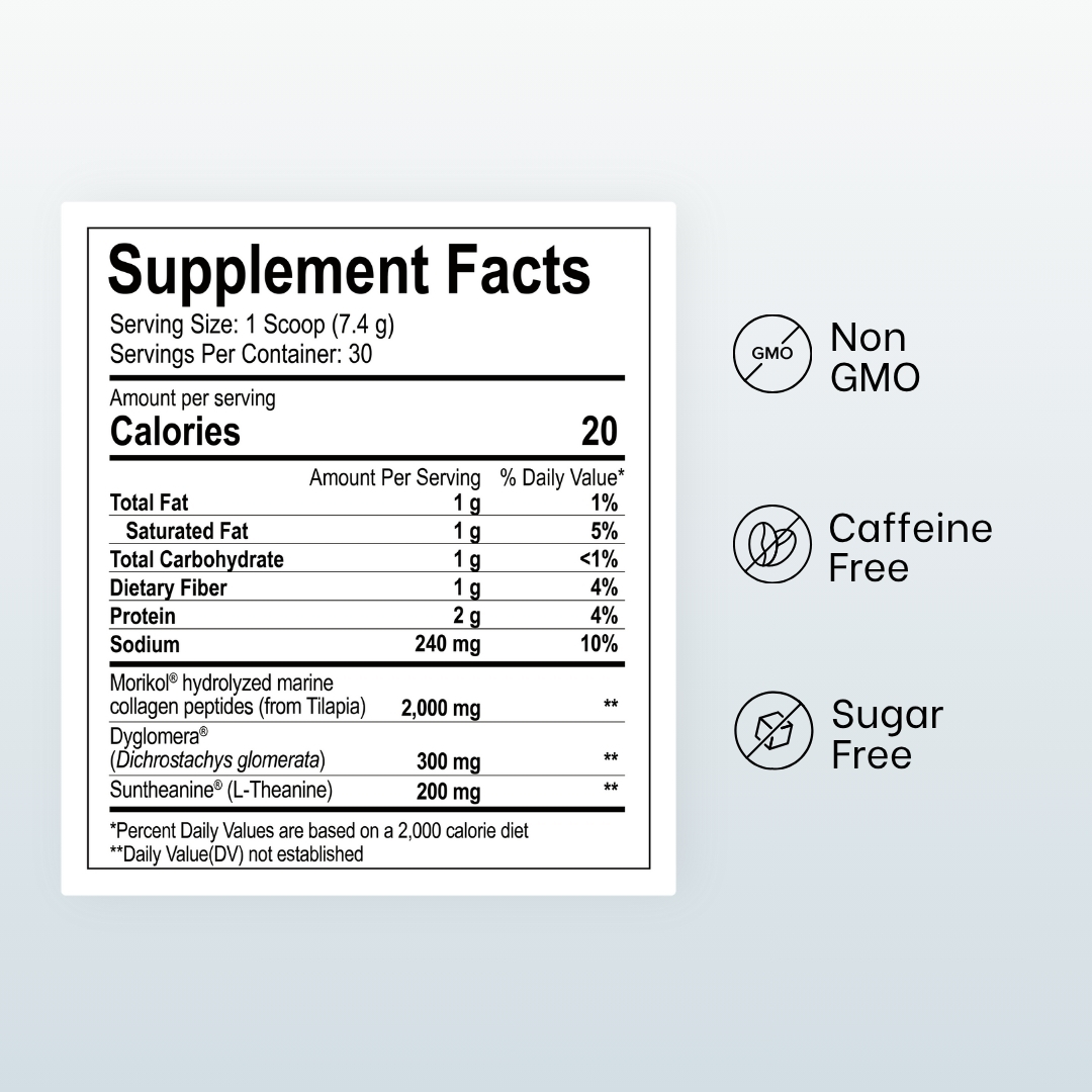 Supplement facts label with non-GMO, caffeine-free, and sugar-free icons.