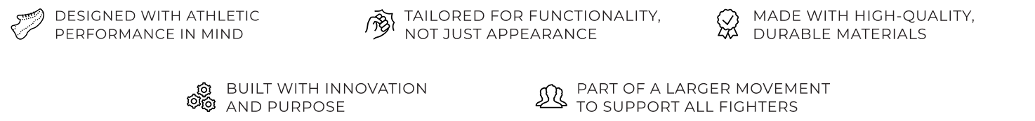 Image with text and icons about athletic performance, functionality, quality materials, innovation, and support.