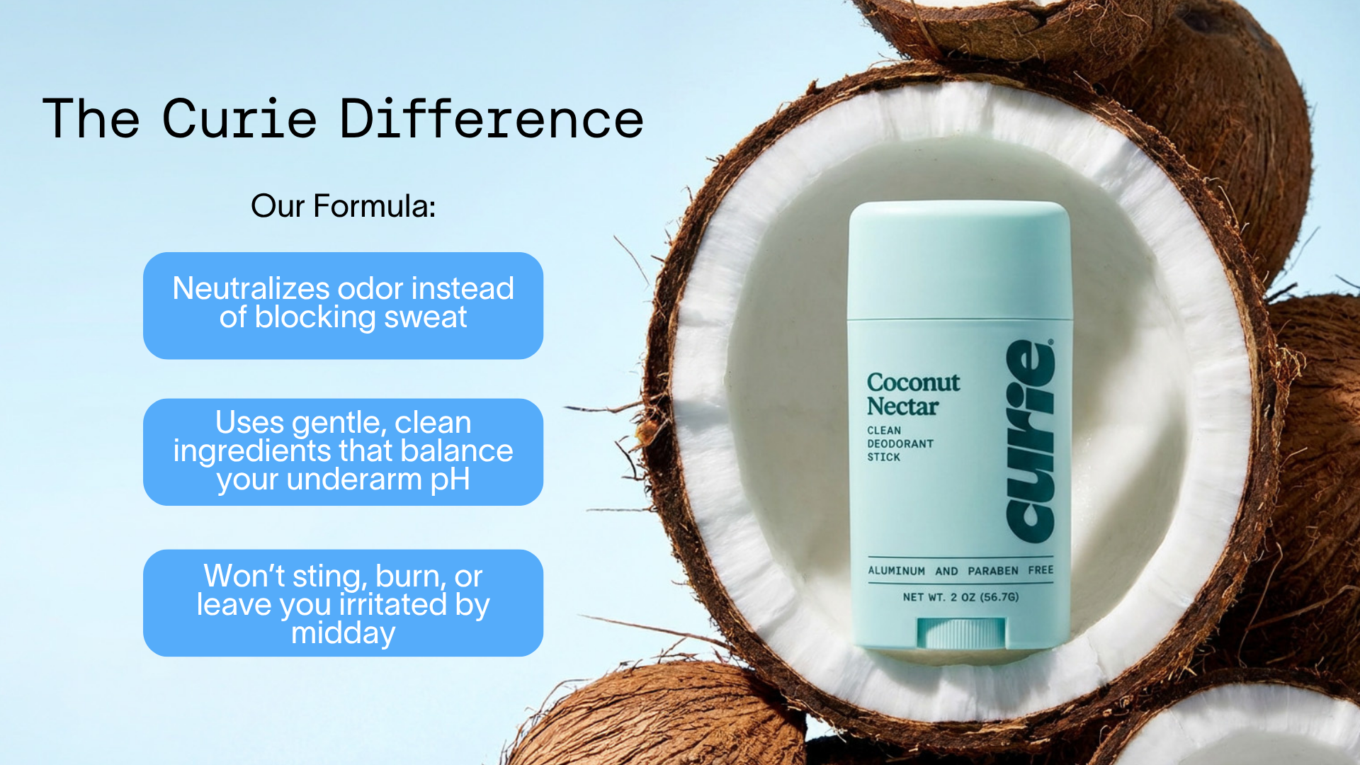 A stick of Curie deodorant sits in a coconut next to text describing its formula benefits.