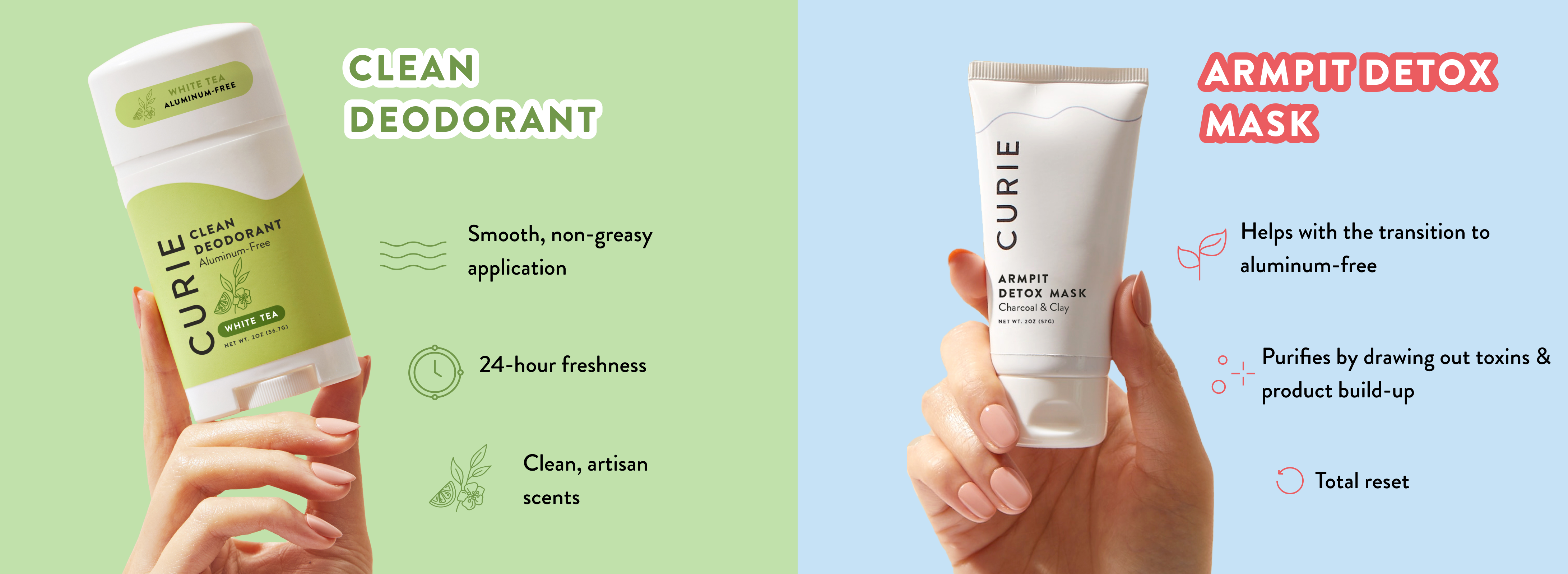 Hand holding a Curie white tea deodorant on a light green background.