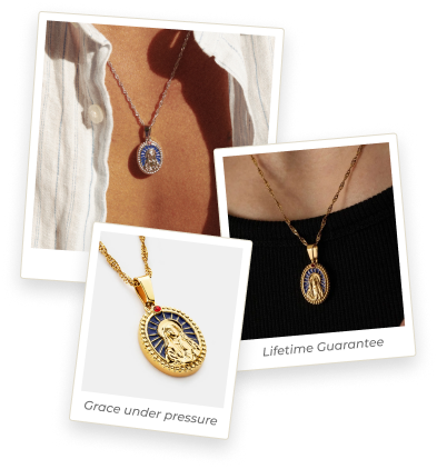 A collage of three photos showing close-ups of a gold pendant necklace being worn.