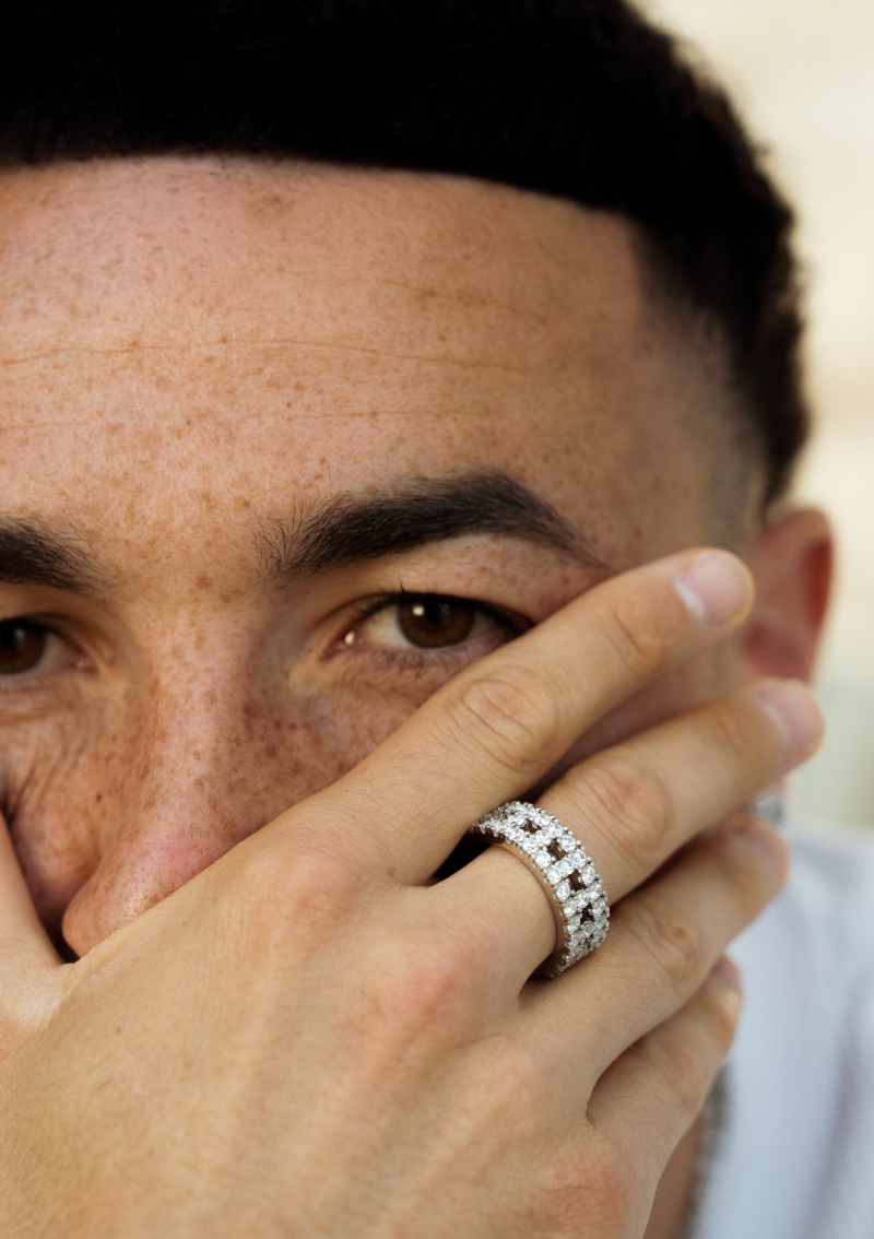 A close-up shot of a man with freckles covering his mouth with his hand, wearing a diamond ring.
