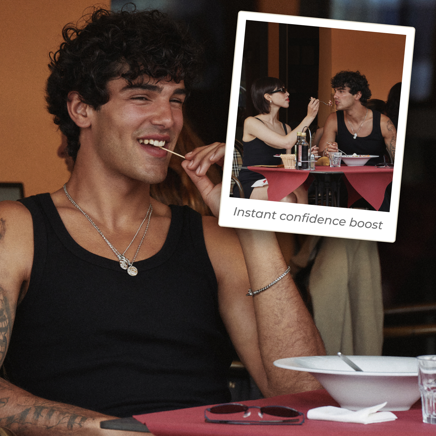 A smiling man in a tank top at a restaurant, with an inset photo of a woman feeding him.