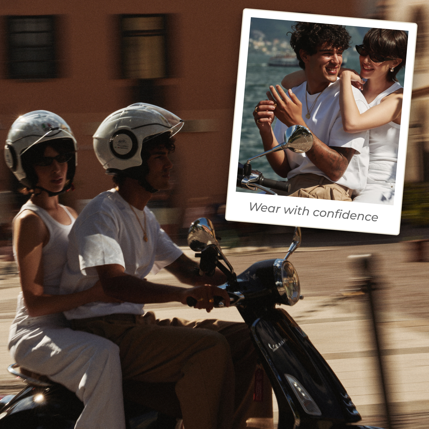 A composite image of a couple on a scooter, with an inset photo of them smiling together.