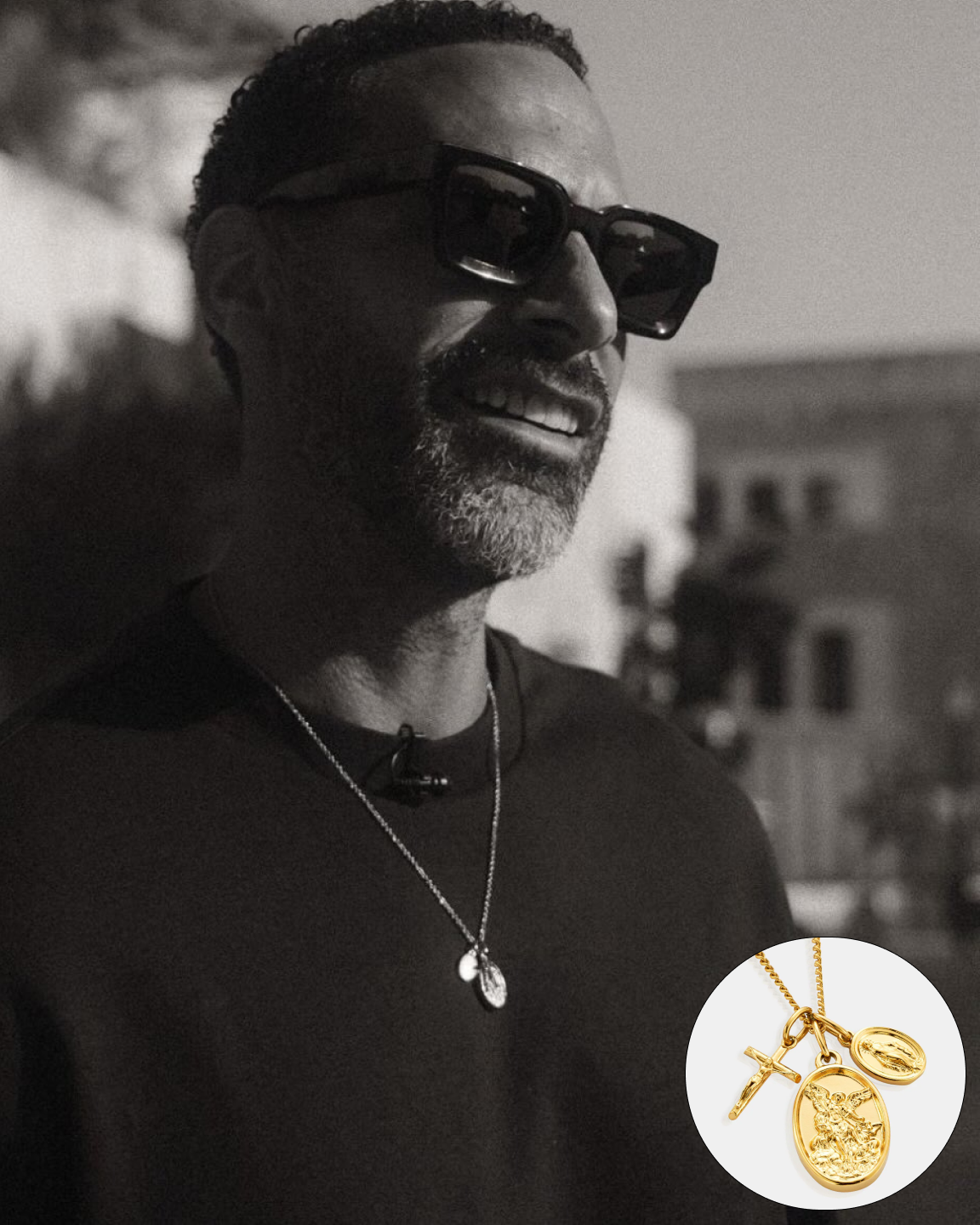A man in sunglasses and a sweatshirt wears a pendant necklace, with a color inset showing the jewelry.