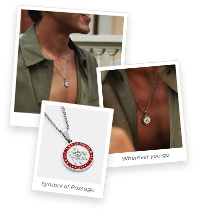 A collage of three photos showing close-ups of a gold pendant necklace being worn.