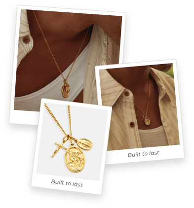A collage of three photos showing close-ups of a gold pendant necklace being worn.